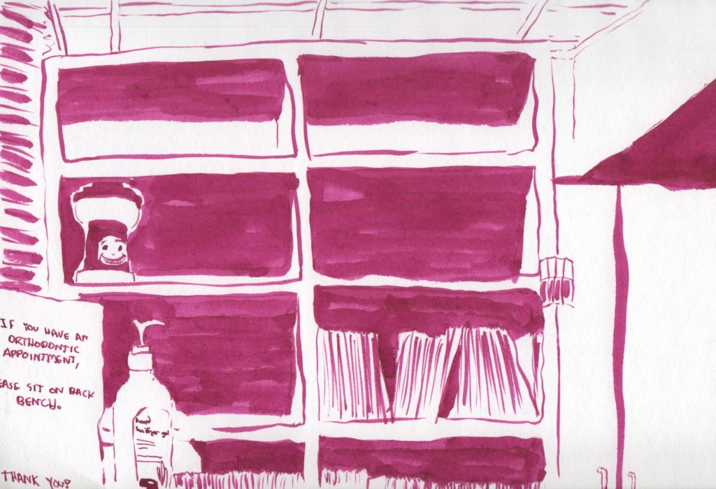 Urban sketch of orthodontist front desk.